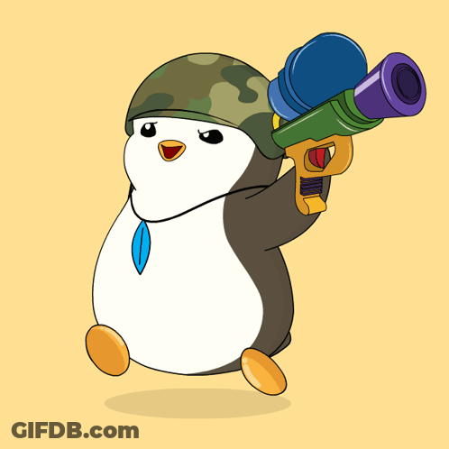 Penguin In Helmet And Tie Holding Toy Gun GIF