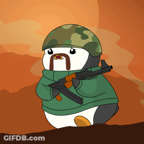Penguin In Helmet Holding Rifle GIF