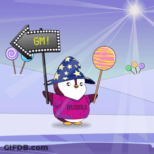 Penguin In Huddle Shirt Holding Lollipop In Front Of GM Sign GIF