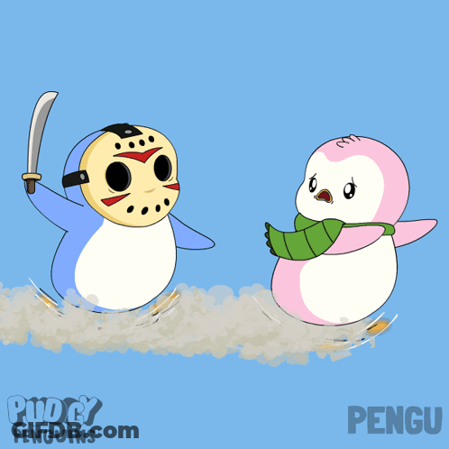Penguin In Jason Voorhees Mask Holding Sword Next To Scarf Penguin GIF