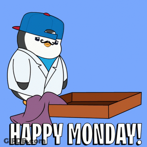 Penguin In Lab Coat Holding Happy Monday Box GIF