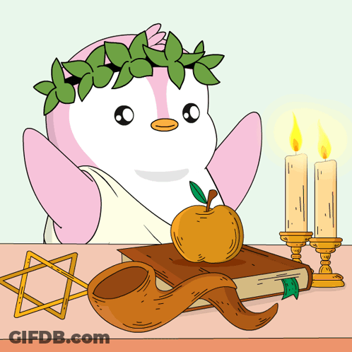 Penguin In Laurel Wreath At Table With Candles And Book GIF