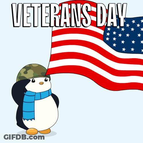 Penguin In Military Hat Scarf Saluting American Flag GIF