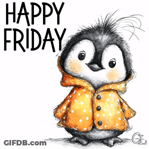 Penguin In Orange Coat Saying Happy Friday GIF