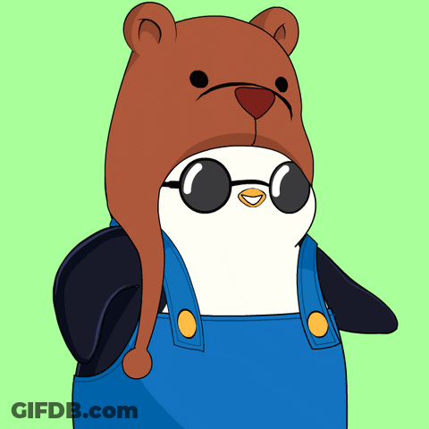 Penguin In Overalls And Bear Hat With Sunglasses GIF