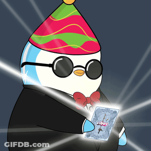 Penguin In Party Hat And Sunglasses Holding Vibes Card GIF
