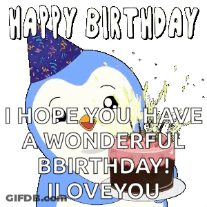 Penguin In Party Hat Holding Birthday Cake Saying Happy Birthday GIF