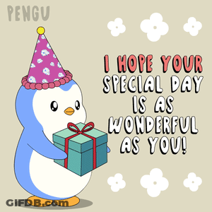 Penguin In Party Hat Holding Gift GIF