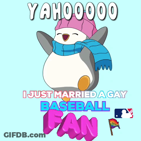 Penguin In Pink Hat And Scarf Saying Yahoo I Just Married A Gay Baseball Fan GIF