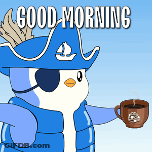 Penguin In Pirate Hat And Eye Patch Holding Coffee GIF