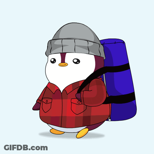 Penguin In Plaid Shirt And Gray Hat Carrying Blue Sleeping Bag GIF