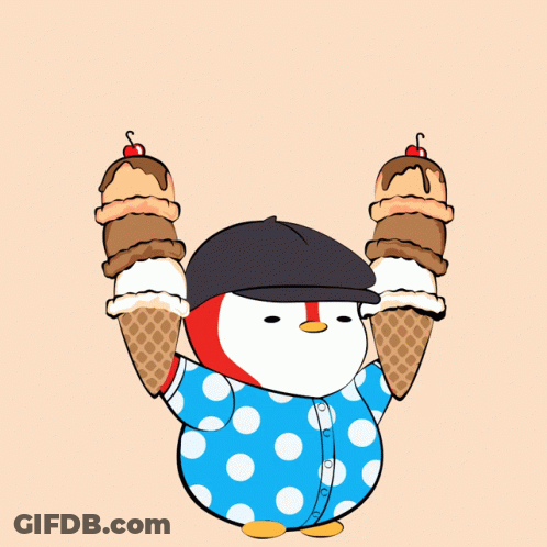 Penguin In Polka Dot Shirt Holding Two Ice Cream Cones GIF