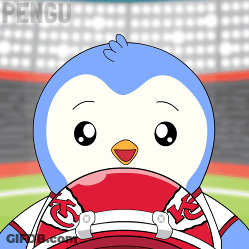 Penguin In Red And White Uniform With KC GIF
