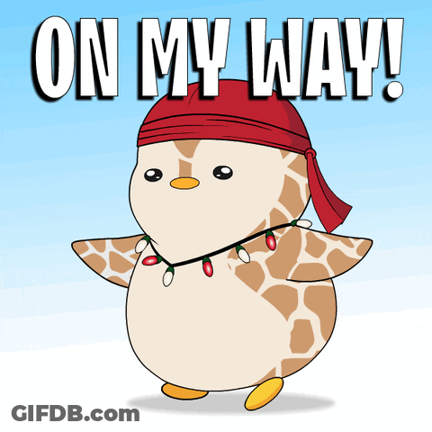 Penguin In Red Bandana And Christmas Lights Saying On My Way GIF