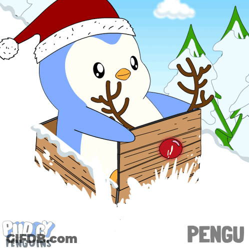 Penguin In Santa Hat And Reindeer Antlers In Wooden Box With Word Pengu GIF