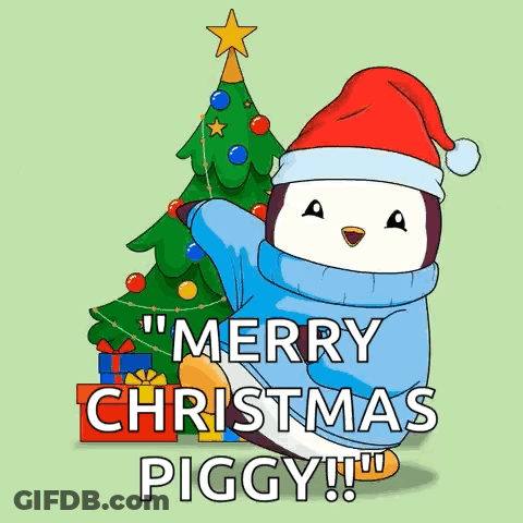 Penguin In Santa Hat And Sweater Near Christmas Tree And Gifts GIF