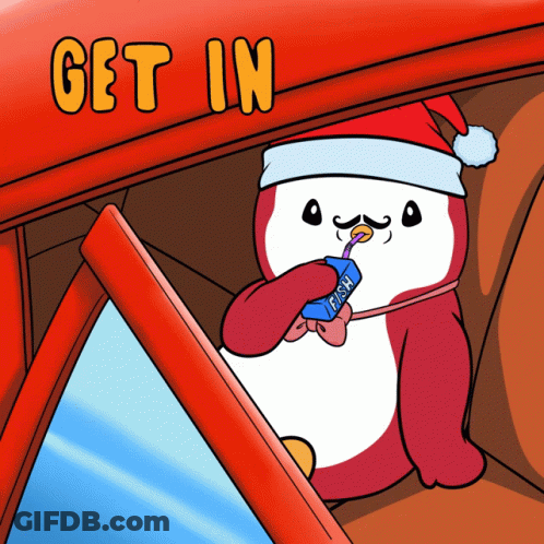 Penguin In Santa Hat Drinking Fish Bottle GIF