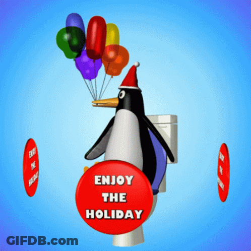 Penguin In Santa Hat Holding Balloons Enjoy The Holiday Sign GIF