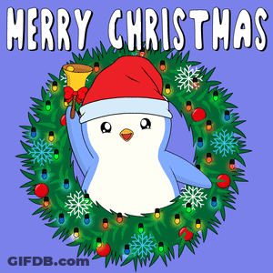 Penguin In Santa Hat Holding Bell Christmas Wreath GIF