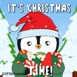 Penguin In Santa Hat Holding Candy Canes Saying It's Christmas Time GIF