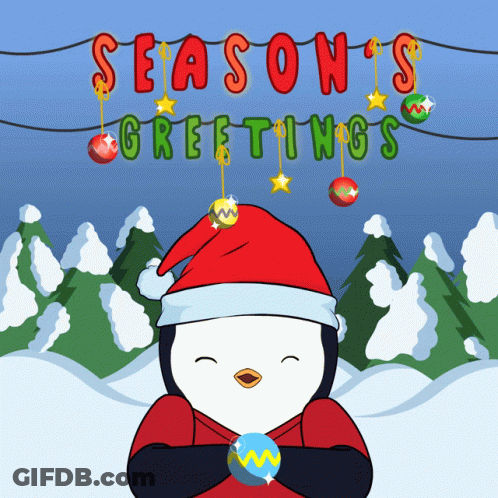 Penguin In Santa Hat Holding Christmas Ball Under Season's Greetings Banner GIF