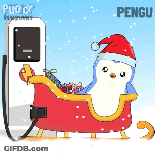 Penguin In Santa Hat Sitting In Sleigh With Gifts GIF
