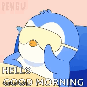 Penguin In Sleep Mask Saying Hello Good Morning GIF