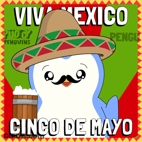 Penguin In Sombrero And Mustache Holding Beer Saying Viva Mexico Cinco De Mayo GIF