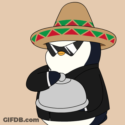 Penguin In Sombrero And Sunglasses Holding Food GIF