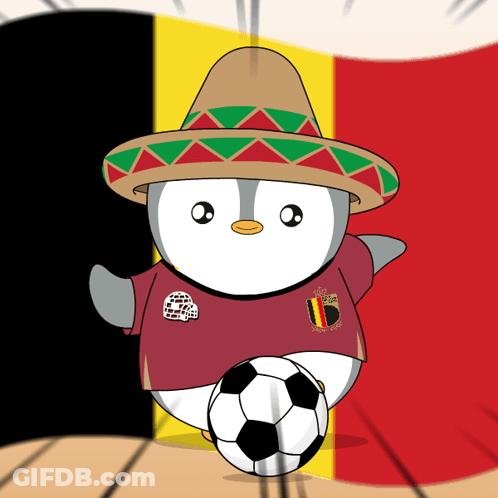 Penguin In Sombrero Kicking Soccer Ball Near Flag GIF