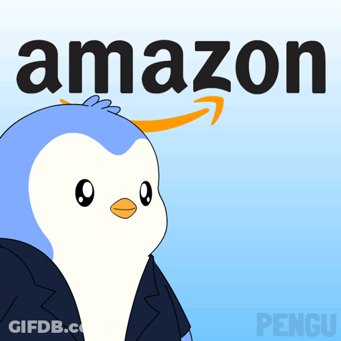 Penguin In Suit In Front Of Amazon Logo GIF
