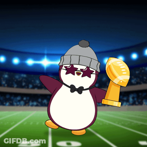 Penguin In Sunglasses And Beanie Holding Football Trophy GIF