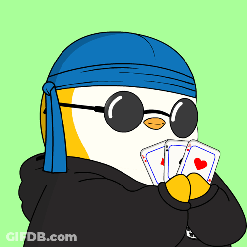 Penguin In Sunglasses And Blue Headband Holding Playing Cards GIF
