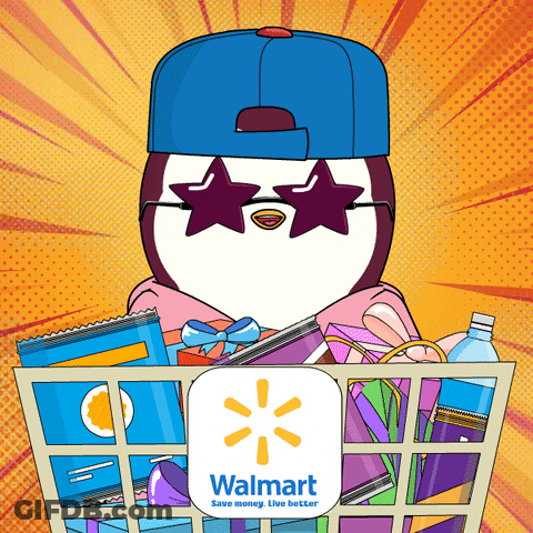 Penguin In Sunglasses And Hat Holding Walmart Basket GIF