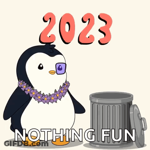 Penguin In Sunglasses And Lei Next To Trash Can Saying Happy 2024 Nothing Fun GIF