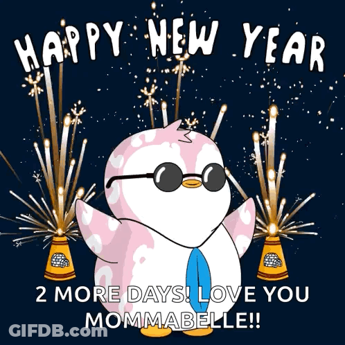 Penguin In Sunglasses And Tie Says Happy New Year 2 More Days Love You Mommabelle GIF