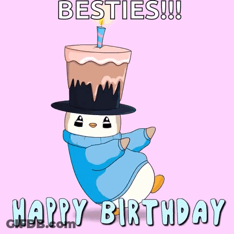 Penguin In Top Hat Holding Cake GIF