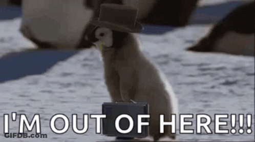Penguin In Top Hat With Briefcase Saying I'm Out Of Here GIF