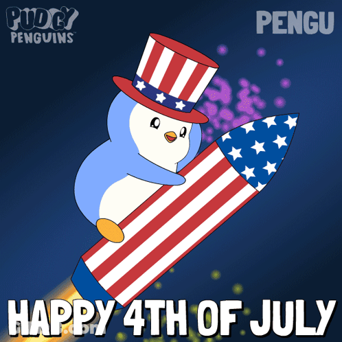 Penguin In Uncle Sam Hat Riding Rocket Happy 4Th Of July GIF