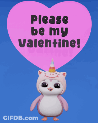 Penguin In Unicorn Costume Holding Heart Please Be My Valentine GIF