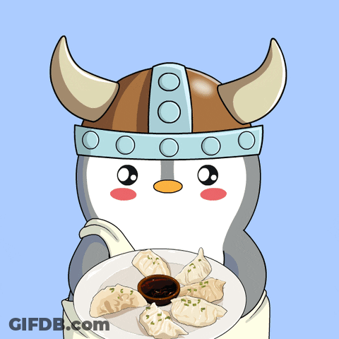 Penguin In Viking Hat Holding Dumplings Dipping In Sauce GIF