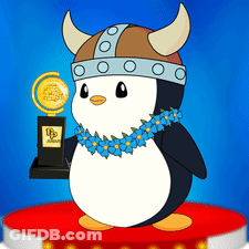 Penguin In Viking Helmet Holding Trophy GIF
