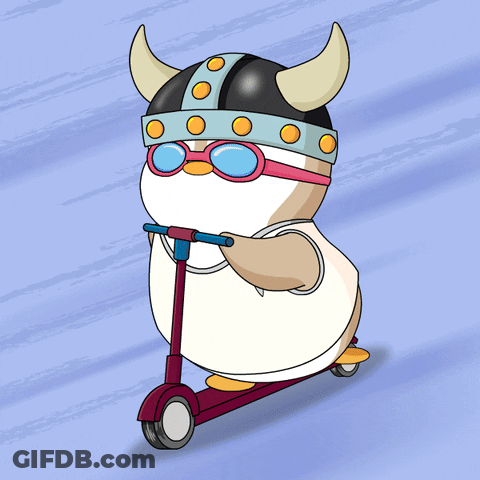 Penguin In Viking Helmet Riding Scooter GIF