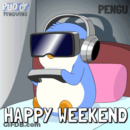 Penguin In VR Headset Saying Happy Weekend GIF