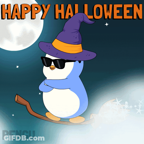 Penguin In Witch Hat And Sunglasses Flying On Broom Saying Happy Halloween GIF