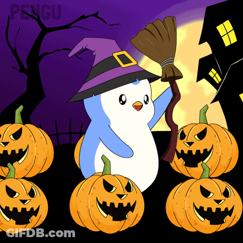 Penguin In Witch Hat Holding Broom And Pumpkins GIF