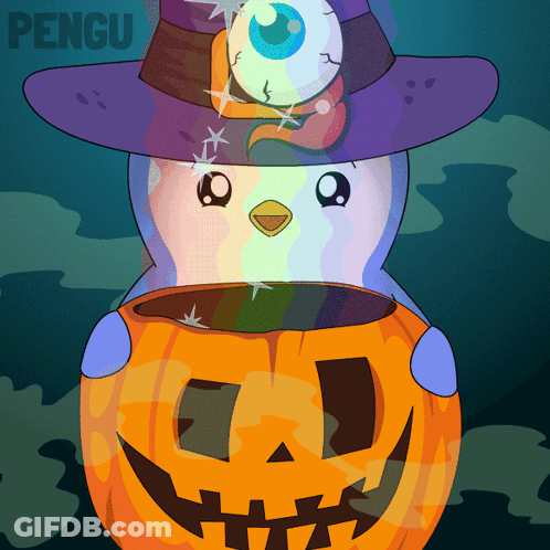 Penguin In Witch Hat Holding Pumpkin With Eye GIF