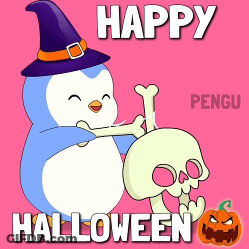 Penguin In Witch Hat Holding Skull Happy Halloween GIF