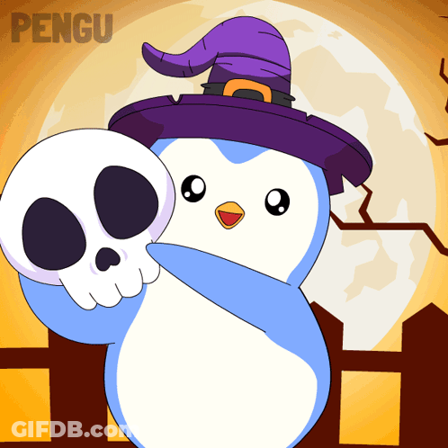 Penguin In Witch Hat Holding Skull Saying Pengu GIF