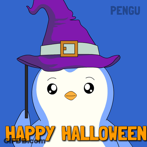 Penguin In Witch Hat Holding Wand Saying Happy Halloween GIF